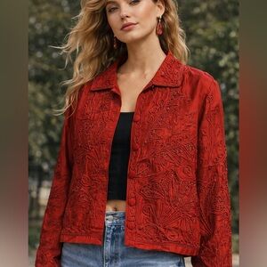 Vtg 90s Sandy Starkman Boho Embroidered Silk Jacket L Red Beaded Floral Cutwork